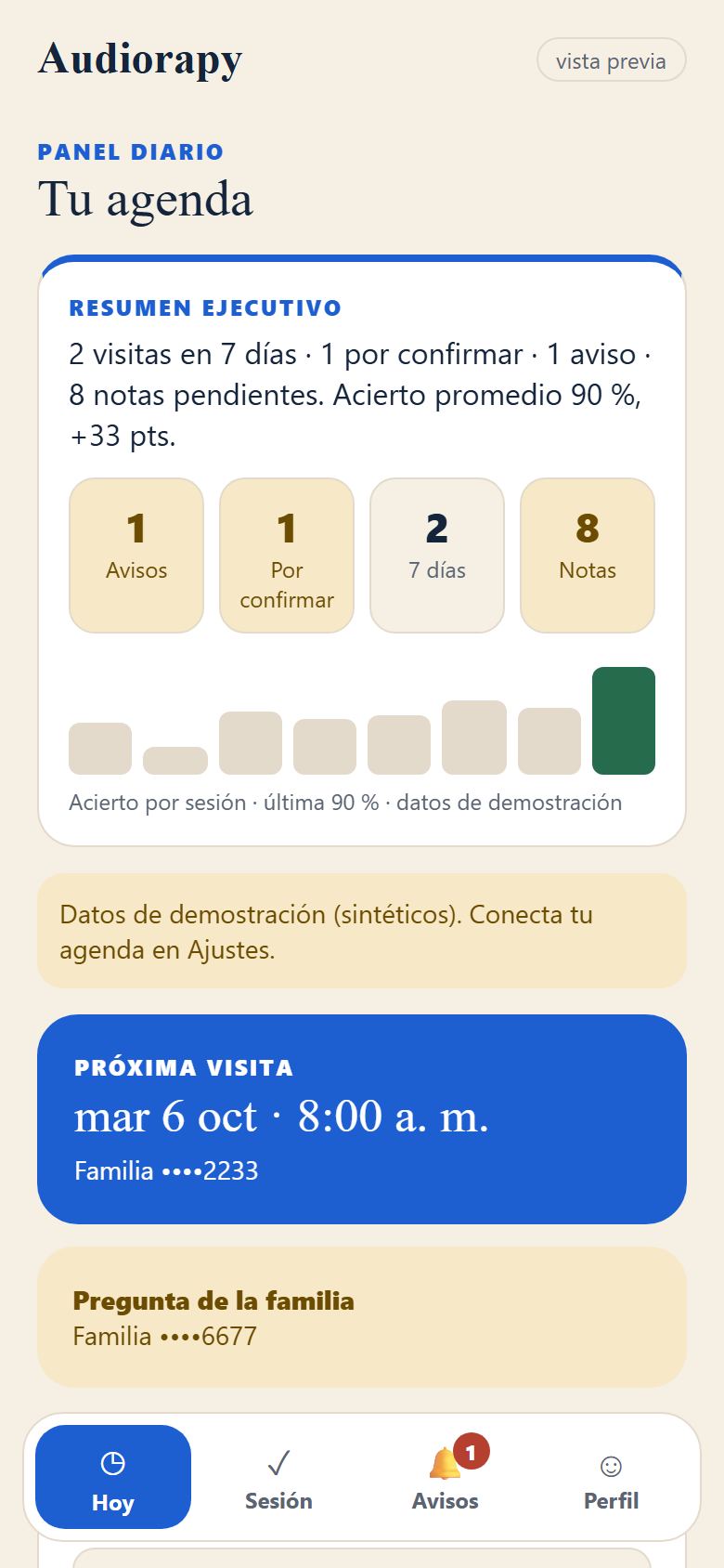 App móvil de Audiorapy: próxima visita, indicadores y cómo llegar (datos sintéticos)