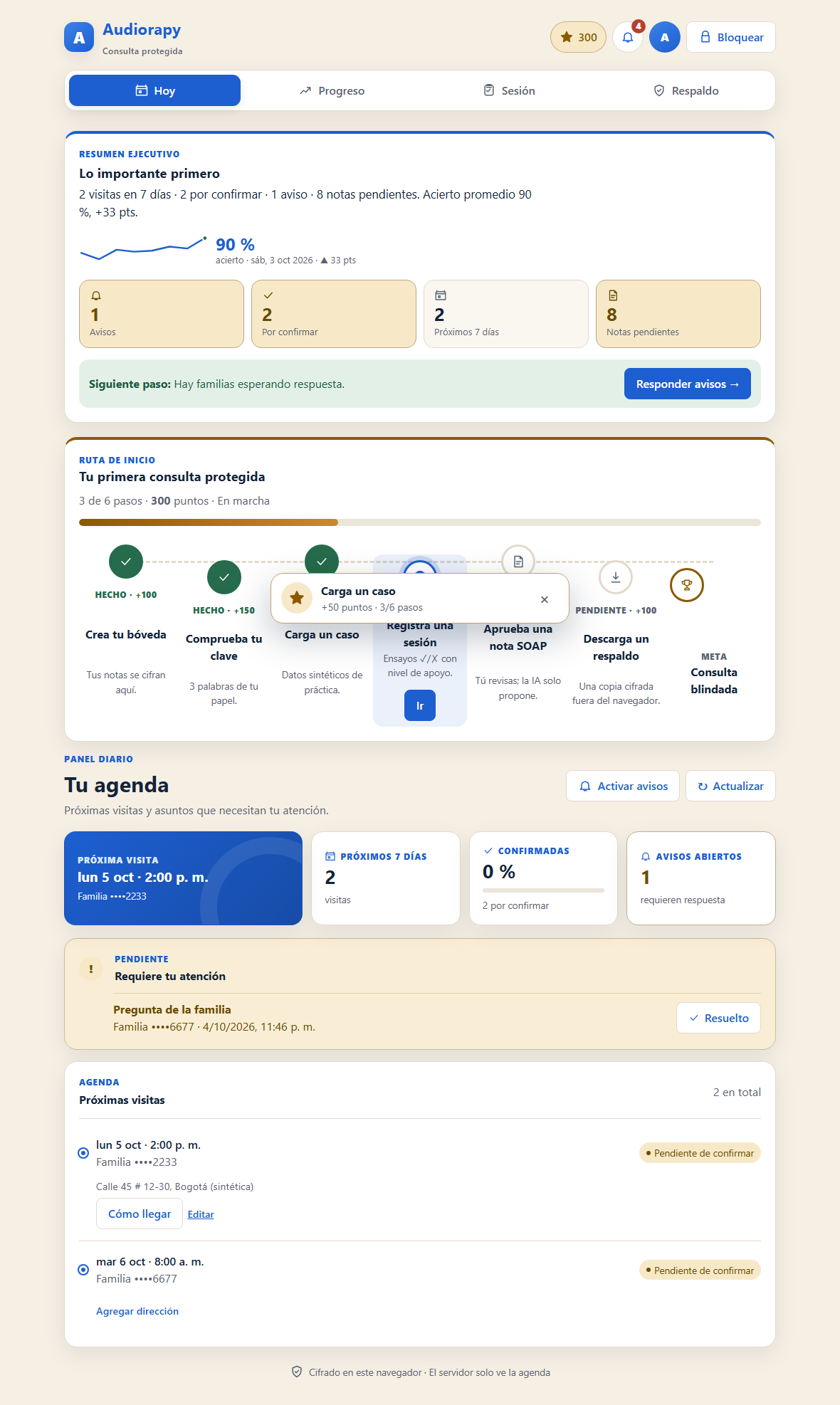 Panel de Audiorapy con la ruta de inicio, indicadores y próximas visitas (datos sintéticos)